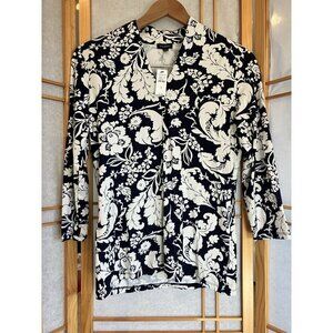 NWT Talbots Stretch Navy Blue White Long Sleeve VNeck Shirt Small MSRP $64.50